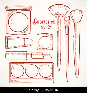 Set mit Frauen dekorative Kosmetik. Handgezeichnete Illustration. Stock Vektor