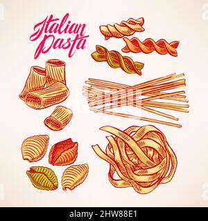 Set mit verschiedenen Arten von Pasta. Handgezeichnete Illustration Stock Vektor