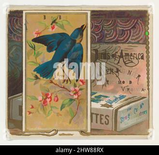 Art Inspired by Bluebird, from the Birds of America series (N37) for Allen & Ginter Cigarettes, 1888, Commercial color lithograph, Blatt: 2 7/8 x 3 1/4 in. (7,3 x 8,3 cm), Handelskarten aus der Serie „Birds of America“ (N37), die 1888 in einem Satz von 50 Karten zur Förderung von Allen herausgegeben wurde, klassische Werke, die von Artotop mit einem Schuss Modernität modernisiert wurden. Formen, Farbe und Wert, auffällige visuelle Wirkung auf Kunst. Emotionen durch Freiheit von Kunstwerken auf zeitgemäße Weise. Eine zeitlose Botschaft, die eine wild kreative neue Richtung verfolgt. Künstler, die sich dem digitalen Medium zuwenden und die Artotop NFT erschaffen Stockfoto