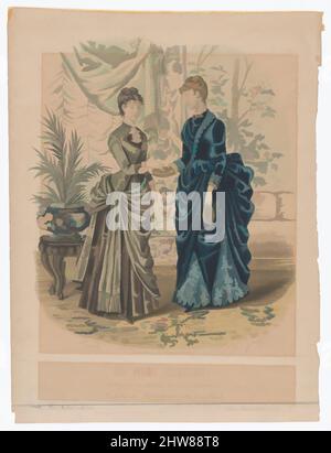 Kunst inspiriert von Toilettes de Mme Bréant-Castel, aus La Mode Illustrée, 1855, Nr. 4, 1885, Stahlstich mit Handkolorierung, Blatt: 35 x 28 Zoll (88,9 x 71,1 cm), Drucke, Isabelle Desgrange (französisch, 1850–1907, Klassische Werke, die von Artotop mit einem Schuss Moderne modernisiert wurden. Formen, Farbe und Wert, auffällige visuelle Wirkung auf Kunst. Emotionen durch Freiheit von Kunstwerken auf zeitgemäße Weise. Eine zeitlose Botschaft, die eine wild kreative neue Richtung verfolgt. Künstler, die sich dem digitalen Medium zuwenden und die Artotop NFT erschaffen Stockfoto