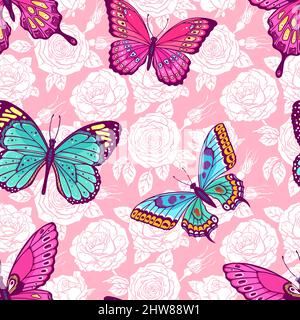 Schöne nahtlose Muster aus Rosen und bunten Schmetterlingen. Handgezeichnete Illustration Stock Vektor