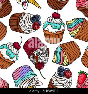 Nahtloser Hintergrund von leckeren niedlichen Cupcakes. Handgezeichnete Illustration Stock Vektor