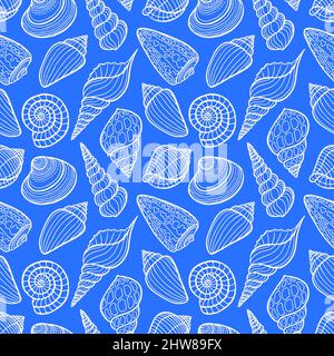 Schöne nahtlose blaue Muster von Skizze weißen Muscheln. Handgezeichnete Illustration Stock Vektor