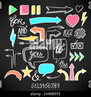 vektor-Set aus handgezeichneten Pfeilen und Blasen-Symbolen auf schwarzem Hintergrund Stock Vektor