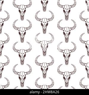 Niedliche nahtlose Muster von Totenköpfen Stier auf weißem Hintergrund. Handgezeichnete Illustration Stock Vektor