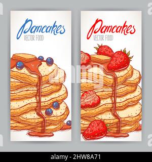 Zwei vertikale Banner mit appetitlichen Pfannkuchen mit einer Vielzahl von Beeren und Sirup. Handgezeichnete Illustration Stock Vektor