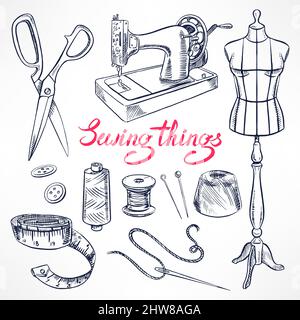Set mit Skizze Schneiderausrüstung. Schaufensterpuppe, Nähen, Nähmaschine. Handgezeichnete Illustration Stock Vektor