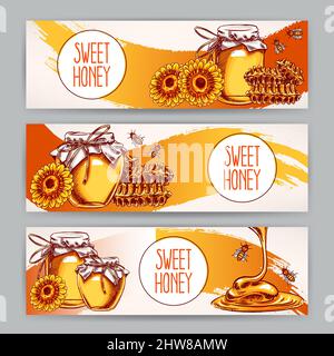 Set af Tree horizontale Honigbanner. Gläser mit Honig, Bienen, Waben. Handgezeichnete Illustration Stock Vektor