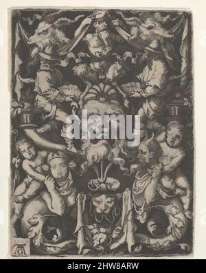 Art Inspired by Panel with grotesque candelabrum enthaltend a Mask, a Couple of Tritons and Two Children, 1549, Gravur, Blatt: 2 11/16 × 2 in. (6,8 × 5,1 cm), Heinrich Aldegrever (deutsch, Paderborn ca. 1502–1555/1561 Soest), Ornamentales Design mit Maske, flankiert von zwei Bauern und, von Artotop modernisierte Classic Works mit einem Schuss Moderne. Formen, Farbe und Wert, auffällige visuelle Wirkung auf Kunst. Emotionen durch Freiheit von Kunstwerken auf zeitgemäße Weise. Eine zeitlose Botschaft, die eine wild kreative neue Richtung verfolgt. Künstler, die sich dem digitalen Medium zuwenden und die Artotop NFT erschaffen Stockfoto