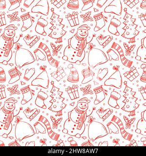 Nahtlose Weihnachten Hintergrund mit Urlaub Attribute und lächelnd Schneemann. Handgezeichnete Illustration Stock Vektor