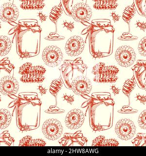 Nahtloser Hintergrund mit Honig. Gläser mit Honig, Bienen, Wabe. Handgezeichnete Illustration Stock Vektor