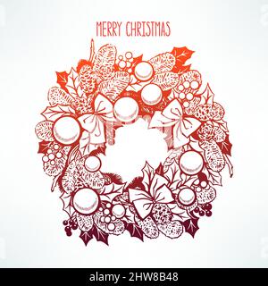 Schöner Weihnachtskranz mit Tannenzweigen und Stechblättern. Handgezeichnete Illustration Stock Vektor