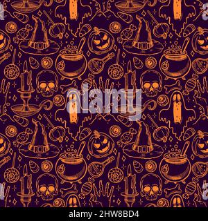 Niedliche nahtlose Halloween-Muster von magischen Attributen und Süßigkeiten. Handgezeichnete Illustration Stock Vektor