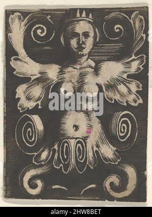 Art Inspired by Vertical Panel with a half-length Female with Leaves as Arms, 1520–61, Gravieren, Blatt: 1 5/16 × 1 in. (3,4 × 2,5 cm), Jacob Binck (deutsch, Köln 1494/1500–1569 Königsberg), Ornamenttafel mit halblanger Frauenfigur, die eine Krone mit flügelartigen, von Artotop modernisierten Klassischen Werken mit einem Schuss Moderne trägt. Formen, Farbe und Wert, auffällige visuelle Wirkung auf Kunst. Emotionen durch Freiheit von Kunstwerken auf zeitgemäße Weise. Eine zeitlose Botschaft, die eine wild kreative neue Richtung verfolgt. Künstler, die sich dem digitalen Medium zuwenden und die Artotop NFT erschaffen Stockfoto