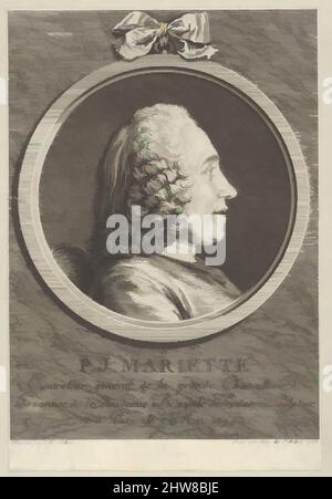 Kunst inspiriert von Portrait von Pierre-Jean Mariette, 1765, Radierung und Gravur; dritter Zustand von fünf (Bocher), Berg: 10 1/16 × 9 3/4 Zoll (25,6 × 24,7 cm), Drucke, Augustin de Saint-Aubin (Französisch, Paris 1736–1807 Paris), nach Charles Nicolas Cochin II (Französisch, Paris 1715–1790 Paris, Klassische Werke, die von Artotop mit einem Schuss Moderne modernisiert wurden. Formen, Farbe und Wert, auffällige visuelle Wirkung auf Kunst. Emotionen durch Freiheit von Kunstwerken auf zeitgemäße Weise. Eine zeitlose Botschaft, die eine wild kreative neue Richtung verfolgt. Künstler, die sich dem digitalen Medium zuwenden und die Artotop NFT erschaffen Stockfoto