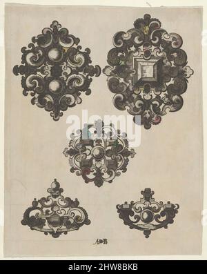 Kunst inspiriert von vertikaler Tafel mit fünf Schmuckmotiven, 1580–1600, Gravur, Blatt: 3 7/8 × 3 1/16 Zoll (9,8 × 7,7 cm), Abraham de Bruyn zugeschrieben (Flämisch, Antwerpen 1540–1587 Köln (?)), Ornamentdesign für Schmuck, mit zwei großen Motiven oben links und rechts, einem kleineren Motiv A, Klassische Werke, die von Artotop mit einem Schuss Moderne modernisiert wurden. Formen, Farbe und Wert, auffällige visuelle Wirkung auf Kunst. Emotionen durch Freiheit von Kunstwerken auf zeitgemäße Weise. Eine zeitlose Botschaft, die eine wild kreative neue Richtung verfolgt. Künstler, die sich dem digitalen Medium zuwenden und die Artotop NFT erschaffen Stockfoto