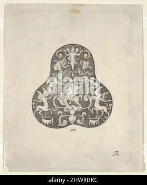 Art Inspired by Vertical Panel with a Pear Shaped Design with a Mounted Soldier and Centaurs, 1580–1600, Gravur, Blatt: 3 3/4 × 3 1/8 in. (9,5 × 7,9 cm), Abraham de Bruyn zugeschrieben (Flämisch, Antwerpen 1540–1587 Köln (?)), Ornamentdesign in Form einer Birne mit einem Soldaten, Klassische Werke, die von Artotop mit einem Schuss Moderne modernisiert wurden. Formen, Farbe und Wert, auffällige visuelle Wirkung auf Kunst. Emotionen durch Freiheit von Kunstwerken auf zeitgemäße Weise. Eine zeitlose Botschaft, die eine wild kreative neue Richtung verfolgt. Künstler, die sich dem digitalen Medium zuwenden und die Artotop NFT erschaffen Stockfoto