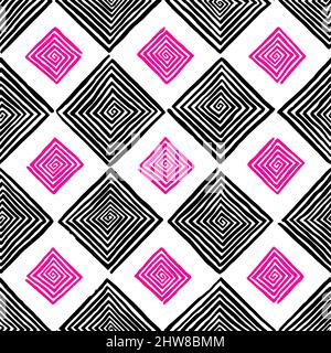Abstraktes, nahtloses Muster aus schwarzen und rosa Quadraten, handgezeichnete Spiralen Stock Vektor