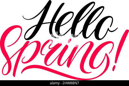 Hallo Frühling Kalligraphie. Handgezeichnetes Federbanner. Handgezeichnete Kalligraphie Stock Vektor