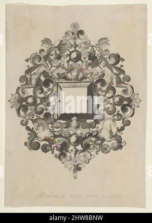 Art Inspired by Vertical Panel with Design for a Mirror, 1580–1600, Gravieren, Blatt: 4 9/16 × 3 1/4 in. (11,6 × 8,3 cm), Abraham de Bruyn zugeschrieben (Flämisch, Antwerpen 1540–1587 Köln (?)), Ornamentdesign für Schmuck mit quadratischem Spiegel in der Mitte, Putto oben und Kuhschädel, Klassische Werke, die von Artotop mit einem Schuss Moderne modernisiert wurden. Formen, Farbe und Wert, auffällige visuelle Wirkung auf Kunst. Emotionen durch Freiheit von Kunstwerken auf zeitgemäße Weise. Eine zeitlose Botschaft, die eine wild kreative neue Richtung verfolgt. Künstler, die sich dem digitalen Medium zuwenden und die Artotop NFT erschaffen Stockfoto