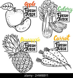 Frischer Saft. Schöner Satz von Skizzengemüse und Obst. Handgezeichnete Illustration Stock Vektor