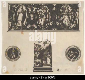 Kunst inspiriert von horizontaler Tafel mit Design for a Thimble with the Annuciation below a Frieze with three figures in ovals, 1580–1600, Gravieren und Schwarzarbeiten, Blatt: 2 1/2 × 1 5/8 in. (6,3 × 4,1 cm), Johann Theodor de Bry (Niederländisch, Straßburg 1561–1623 Bad Schwalbach), Thimble, Klassische Werke, die von Artotop mit einem Schuss Moderne modernisiert wurden. Formen, Farbe und Wert, auffällige visuelle Wirkung auf Kunst. Emotionen durch Freiheit von Kunstwerken auf zeitgemäße Weise. Eine zeitlose Botschaft, die eine wild kreative neue Richtung verfolgt. Künstler, die sich dem digitalen Medium zuwenden und die Artotop NFT erschaffen Stockfoto