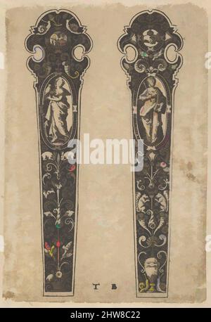 Art Inspired by Design for Knife Handles with Personifications of Peace and Faith, 1580–1600, Gravur und Schwarzarbeit, Blatt: 3 9/16 × 2 7/16 in. (9,1 × 6,2 cm), zugeschrieben Johann Theodor de Bry (Niederländisch, Straßburg 1561–1623 Bad Schwalbach), Entwurf für einen Messergriff mit, Klassische Werke, die von Artotop mit einem Schuss Moderne modernisiert wurden. Formen, Farbe und Wert, auffällige visuelle Wirkung auf Kunst. Emotionen durch Freiheit von Kunstwerken auf zeitgemäße Weise. Eine zeitlose Botschaft, die eine wild kreative neue Richtung verfolgt. Künstler, die sich dem digitalen Medium zuwenden und die Artotop NFT erschaffen Stockfoto