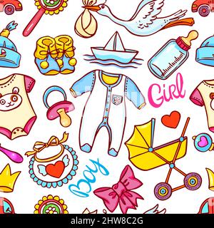 Niedliche nahtlose Muster von verschiedenen Dingen für Kinder. Handgezeichnete Illustration Stock Vektor
