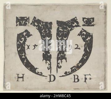 Art Inspired by Blackwork Print with two small Horizontal Panels overall a Pair of Lunar-shaped Filets with two motifs at Center, 1592, Blackwork Gravur, Sheet: 1 7/8 × 2 1/4 in. (4,7 × 5,7 cm), Hans de Bull (deutsch, aktiv 1592–1604), kleiner Schwarzdruck mit zwei nach innen gerichteten, von Artotop modernisierten Klassischen Werken mit einem Schuss Moderne. Formen, Farbe und Wert, auffällige visuelle Wirkung auf Kunst. Emotionen durch Freiheit von Kunstwerken auf zeitgemäße Weise. Eine zeitlose Botschaft, die eine wild kreative neue Richtung verfolgt. Künstler, die sich dem digitalen Medium zuwenden und die Artotop NFT erschaffen Stockfoto