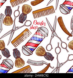 Friseur. Nahtloser Hintergrund von Friseurzubehör. Handgezeichnete Illustration Stock Vektor