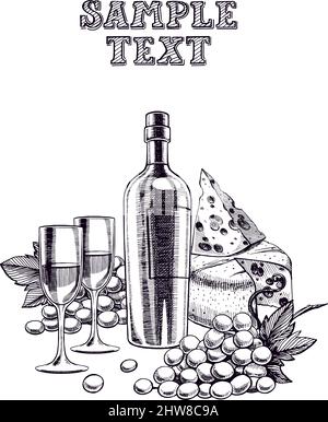 Schöner Hintergrund mit einer Flasche Wein, Gläsern, Trauben und Käse Stock Vektor