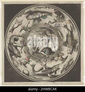 Kunst inspiriert von Design für einen Teller mit Neptun in einer Schale gezeichnet von Pferden in einem Medaillon, umrandet von Meeresmonstern, ca. 1600, Gravieren, Blatt: 6 5/8 × 6 9/16 Zoll (16,9 × 16,6 cm), Adriaen Collaert (Niederländisch, Antwerpen ca. 1560–1618 Antwerpen), Entwurf für eine runde Platte mit Neptun, Klassische Werke, die von Artotop mit einem Schuss Moderne modernisiert wurden. Formen, Farbe und Wert, auffällige visuelle Wirkung auf Kunst. Emotionen durch Freiheit von Kunstwerken auf zeitgemäße Weise. Eine zeitlose Botschaft, die eine wild kreative neue Richtung verfolgt. Künstler, die sich dem digitalen Medium zuwenden und die Artotop NFT erschaffen Stockfoto