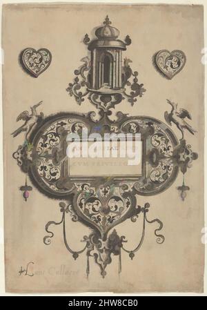 Kunst inspiriert von Titelbild, von Pendant-Designs mit architektonischen Elementen und vegetal-Arabesken, vor 1573, Gravur und Schwarzarbeit; erster Zustand von drei (New Hollstein), Blatt: 5 13/16 × 4 1/16 in. (14,7 × 10,3 cm), Jan Collaert I (Niederländisch, Antwerpen ca. 1530–1581 Antwerpen, Klassisches Werk, modernisiert von Artotop mit einem Schuss Moderne. Formen, Farbe und Wert, auffällige visuelle Wirkung auf Kunst. Emotionen durch Freiheit von Kunstwerken auf zeitgemäße Weise. Eine zeitlose Botschaft, die eine wild kreative neue Richtung verfolgt. Künstler, die sich dem digitalen Medium zuwenden und die Artotop NFT erschaffen Stockfoto