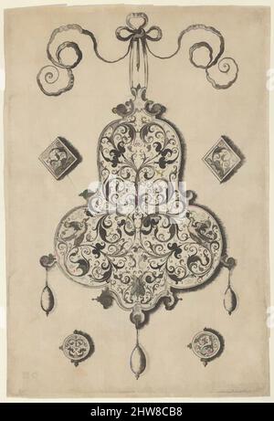 Kunst inspiriert von Design for the Verso of a Pear-shaped Pendant flanked by Lozenge Ornaments and Circular Ornaments below, before 1573, Gravieren und Schwarzarbeiten; First State of Two (New Hollstein), Sheet: 5 11/16 × 3 7/8 in. (14,5 × 9,8 cm), Jan Collaert I (Niederländisch, Antwerpen ca. 1530, Classic Works modernisiert von Artotop mit einem Schuss Moderne. Formen, Farbe und Wert, auffällige visuelle Wirkung auf Kunst. Emotionen durch Freiheit von Kunstwerken auf zeitgemäße Weise. Eine zeitlose Botschaft, die eine wild kreative neue Richtung verfolgt. Künstler, die sich dem digitalen Medium zuwenden und die Artotop NFT erschaffen Stockfoto