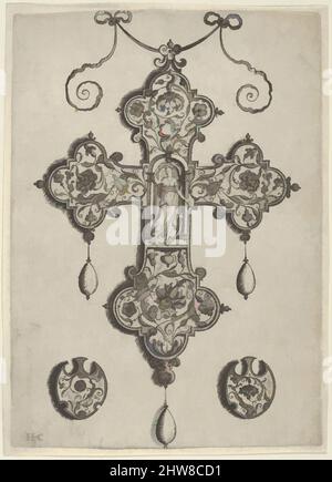 Kunst inspiriert von kreuzförmigem Anhänger-Design mit Hoffnung in einem kreisförmigen Tempel stehend, vor 1573, Gravur; erster Zustand von zwei (New Hollstein), Blatt: 5 15/16 × 4 5/16 in. (15,1 × 10,9 cm), Jan Collaert I (Niederländisch, Antwerpen ca. 1530–1581 Antwerpen), Vertical Panel with a Cross-, Classic Works modernisiert von Artotop mit einem Schuss Moderne. Formen, Farbe und Wert, auffällige visuelle Wirkung auf Kunst. Emotionen durch Freiheit von Kunstwerken auf zeitgemäße Weise. Eine zeitlose Botschaft, die eine wild kreative neue Richtung verfolgt. Künstler, die sich dem digitalen Medium zuwenden und die Artotop NFT erschaffen Stockfoto