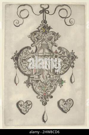 Kunst inspiriert von Hängedesign mit Glauben in einem kreisförmigen Tempel stehend, vor 1573, Gravur; erster Zustand von zwei (New Hollstein), Blatt: 5 13/16 × 4 1/16 in. (14,8 × 10,3 cm), Jan Collaert I (Niederländisch, Antwerpen ca. 1530–1581 Antwerpen), Vertikale Tafel mit Pendelleuchte, von Artotop modernisierte Classic Works mit einem Schuss Moderne. Formen, Farbe und Wert, auffällige visuelle Wirkung auf Kunst. Emotionen durch Freiheit von Kunstwerken auf zeitgemäße Weise. Eine zeitlose Botschaft, die eine wild kreative neue Richtung verfolgt. Künstler, die sich dem digitalen Medium zuwenden und die Artotop NFT erschaffen Stockfoto