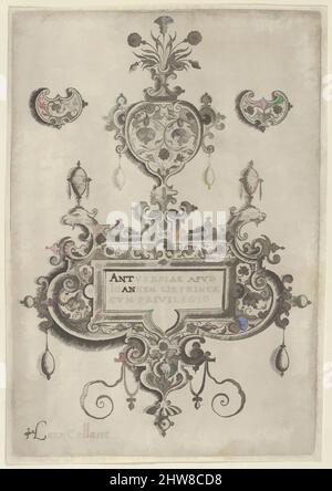 Kunst inspiriert von der Titelleiste, von Anhänger-Designs mit Gottheiten in Nischen und Blumen-Arabesken, vor 1573, Gravur; erster Zustand von zwei (New Hollstein), Blatt: 5 3/4 × 4 1/16 in. (14,6 × 10,3 cm), Jan Collaert I (Niederländisch, Antwerpen ca. 1530–1581 Antwerpen), Vertical Panel with, Classic Works modernisiert von Artotop mit einem Schuss Moderne. Formen, Farbe und Wert, auffällige visuelle Wirkung auf Kunst. Emotionen durch Freiheit von Kunstwerken auf zeitgemäße Weise. Eine zeitlose Botschaft, die eine wild kreative neue Richtung verfolgt. Künstler, die sich dem digitalen Medium zuwenden und die Artotop NFT erschaffen Stockfoto