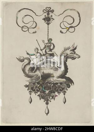 Kunst inspiriert von Hängedesign mit einem Meeresmonster, das Neptun auf einer Urne neben einem Flussgott mit Ruder trägt, 1582, Gravur; zweiter Zustand von zwei (New Hollstein), Blatt: 7 × 5 1/4 in. (17,8 × 13,3 cm), Adriaen Collaert (Niederländisch, Antwerpen ca. 1560–1618 Antwerpen), nach einem Entwurf von, Classic Works modernisiert von Artotop mit einem Schuss Moderne. Formen, Farbe und Wert, auffällige visuelle Wirkung auf Kunst. Emotionen durch Freiheit von Kunstwerken auf zeitgemäße Weise. Eine zeitlose Botschaft, die eine wild kreative neue Richtung verfolgt. Künstler, die sich dem digitalen Medium zuwenden und die Artotop NFT erschaffen Stockfoto