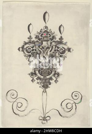 Kunst inspiriert von Pendant Design mit einem Paar im Zentrum, nach 1581, Gravur; zweiter Zustand von zwei (New Hollstein), Blatt: 6 15/16 × 4 13/16 in. (17,7 × 12,2 cm), Jan Collaert I (Niederländisch, Antwerpen ca. 1530–1581 Antwerpen), Vertikale Tafel mit Anhänger in der Mitte, mit einem von Artotop modernisierten, klassischen Werk mit einem Hauch von Moderne. Formen, Farbe und Wert, auffällige visuelle Wirkung auf Kunst. Emotionen durch Freiheit von Kunstwerken auf zeitgemäße Weise. Eine zeitlose Botschaft, die eine wild kreative neue Richtung verfolgt. Künstler, die sich dem digitalen Medium zuwenden und die Artotop NFT erschaffen Stockfoto