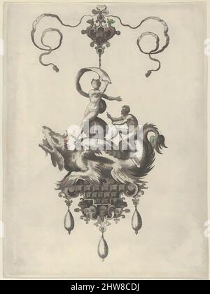 Kunst inspiriert von Hängedesign mit einem geflügelten Seeungeheuer, das Venusanadyomene auf einer Muschel und einen Mann mit einem Ruder trägt, 1582, Gravur; zweiter Zustand von zwei (New Hollstein), Blatt: 6 15/16 × 5 3/16 Zoll (17,7 × 13,2 cm), Adriaen Collaert (Niederländisch, Antwerpen ca. 1560–1618 Antwerpen, Klassisches Werk, modernisiert von Artotop mit einem Schuss Moderne. Formen, Farbe und Wert, auffällige visuelle Wirkung auf Kunst. Emotionen durch Freiheit von Kunstwerken auf zeitgemäße Weise. Eine zeitlose Botschaft, die eine wild kreative neue Richtung verfolgt. Künstler, die sich dem digitalen Medium zuwenden und die Artotop NFT erschaffen Stockfoto