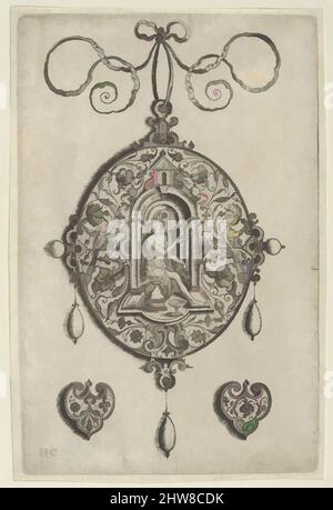 Kunst inspiriert von Oval-förmigen Anhänger Design mit Hebe sitzt unter einer Nische, vor 1573, Gravur; erster Zustand von zwei (New Hollstein), Blatt: 5 3/4 × 3 13/16 in. (14,6 × 9,7 cm), Jan Collaert I (Niederländisch, Antwerpen ca. 1530–1581 Antwerpen), Vertikale Tafel mit Pendelleuchte, von Artotop modernisierte Classic Works mit einem Schuss Moderne. Formen, Farbe und Wert, auffällige visuelle Wirkung auf Kunst. Emotionen durch Freiheit von Kunstwerken auf zeitgemäße Weise. Eine zeitlose Botschaft, die eine wild kreative neue Richtung verfolgt. Künstler, die sich dem digitalen Medium zuwenden und die Artotop NFT erschaffen Stockfoto