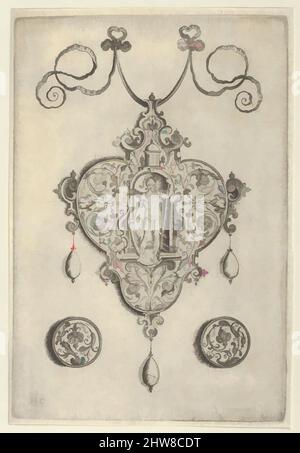 Kunst inspiriert von Hängedesign mit Mars steht in einer Nische, vor 1573, Gravur; zweiter Zustand von drei (New Hollstein), Blatt: 5 11/16 × 3 7/8 in. (14,5 × 9,9 cm), Jan Collaert I (Niederländisch, Antwerpen ca. 1530–1581 Antwerpen), Vertikale Tafel mit Anhänger in der Mitte, A, Classic Works modernisiert von Artotop mit einem Schuss Moderne. Formen, Farbe und Wert, auffällige visuelle Wirkung auf Kunst. Emotionen durch Freiheit von Kunstwerken auf zeitgemäße Weise. Eine zeitlose Botschaft, die eine wild kreative neue Richtung verfolgt. Künstler, die sich dem digitalen Medium zuwenden und die Artotop NFT erschaffen Stockfoto