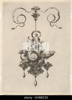 Kunst inspiriert von Hängedesign mit einem Meeresmonster in einer Muschel, das einen Triton und eine Frau mit Segel trägt, 1582, Gravur; zweiter Zustand von zwei (New Hollstein), Blatt: 7 1/16 × 5 1/4 Zoll (17,9 × 13,4 cm), Adriaen Collaert (Niederländisch, Antwerpen ca. 1560–1618 Antwerpen), nach einem Entwurf von, Classic Works modernisiert von Artotop mit einem Schuss Moderne. Formen, Farbe und Wert, auffällige visuelle Wirkung auf Kunst. Emotionen durch Freiheit von Kunstwerken auf zeitgemäße Weise. Eine zeitlose Botschaft, die eine wild kreative neue Richtung verfolgt. Künstler, die sich dem digitalen Medium zuwenden und die Artotop NFT erschaffen Stockfoto