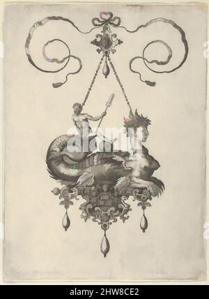 Kunst inspiriert von Hängedesign mit einer Sphinx mit dem Körper eines Fisches, der einen Mann mit einem Ruder trägt, 1582, Gravur; zweiter Zustand von zwei (New Hollstein), Blatt: 6 7/8 × 5 1/16 in. (17,5 × 12,9 cm), Adriaen Collaert (Niederländisch, Antwerpen ca. 1560–1618 Antwerpen), nach einem Entwurf von Jan, modernisierte Classic Works von Artotop mit einem Schuss Moderne. Formen, Farbe und Wert, auffällige visuelle Wirkung auf Kunst. Emotionen durch Freiheit von Kunstwerken auf zeitgemäße Weise. Eine zeitlose Botschaft, die eine wild kreative neue Richtung verfolgt. Künstler, die sich dem digitalen Medium zuwenden und die Artotop NFT erschaffen Stockfoto