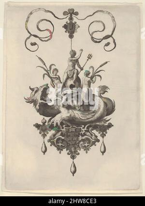 Kunst inspiriert von Hängedesign mit einem Meeresmonster, das Neptun trägt, flankiert von zwei Nerieds, 1582, Gravur; zweiter Zustand von zwei (New Hollstein), Blatt: 7 1/16 × 5 1/4 Zoll (18 × 13,3 cm), Adriaen Collaert (Niederländisch, Antwerpen ca. 1560–1618 Antwerpen), nach einem Entwurf von Jan Collaert I (, Klassische Werke, die von Artotop mit einem Schuss Moderne modernisiert wurden. Formen, Farbe und Wert, auffällige visuelle Wirkung auf Kunst. Emotionen durch Freiheit von Kunstwerken auf zeitgemäße Weise. Eine zeitlose Botschaft, die eine wild kreative neue Richtung verfolgt. Künstler, die sich dem digitalen Medium zuwenden und die Artotop NFT erschaffen Stockfoto