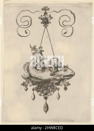 Art Inspired by Pendant Design with a Fish Carrying Tobias and the Angel, 1582, Gravur; Second State of Two (New Hollstein), Blatt: 7 1/16 × 5 1/4 in. (17,9 × 13,3 cm), Adriaen Collaert (Niederländisch, Antwerpen ca. 1560–1618 Antwerpen), nach einem Entwurf von Jan Collaert I (Niederländisches, klassisches Werk, das von Artotop mit einem Schuss Moderne modernisiert wurde. Formen, Farbe und Wert, auffällige visuelle Wirkung auf Kunst. Emotionen durch Freiheit von Kunstwerken auf zeitgemäße Weise. Eine zeitlose Botschaft, die eine wild kreative neue Richtung verfolgt. Künstler, die sich dem digitalen Medium zuwenden und die Artotop NFT erschaffen Stockfoto