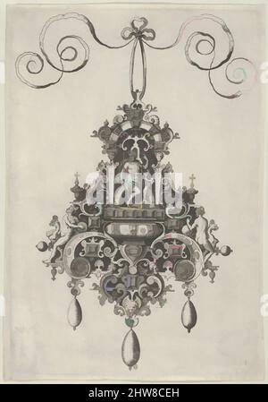 Kunst inspiriert von Hängedesign mit Mars unter einem Bogen, nach 1581, Gravur; zweiter Zustand von zwei (New Hollstein), Blatt: 6 15/16 × 4 13/16 in. (17,7 × 12,2 cm), Jan Collaert I (Niederländisch, Antwerpen ca. 1530–1581 Antwerpen), Vertikale Tafel mit Pendelleuchte im Zentrum, Klassische Werke, die von Artotop mit einem Hauch von Moderne modernisiert wurden. Formen, Farbe und Wert, auffällige visuelle Wirkung auf Kunst. Emotionen durch Freiheit von Kunstwerken auf zeitgemäße Weise. Eine zeitlose Botschaft, die eine wild kreative neue Richtung verfolgt. Künstler, die sich dem digitalen Medium zuwenden und die Artotop NFT erschaffen Stockfoto