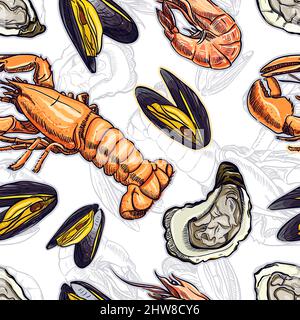 Nahtloser Hintergrund verschiedener Meerestiere. Handgezeichnete Illustration Stock Vektor