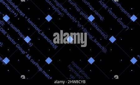 Schwindelerregender Programmhintergrund. Bewegung. Gitter mit Quadraten und erscheinenden Programmcodes. Farbige Programmcodes auf dem Raster drehen sich auf schwarzem Hintergrund. Stockfoto