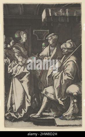 Kunst inspiriert von Potiphars Frau, die Joseph beschuldigt, aus The Story of Joseph, 1532, Graving; Second State of Two, Blatt: 4 11/16 × 3 in. (11,9 × 7,6 cm), Drucke, Heinrich Aldegrever (deutsch, Paderborn ca. 1502–1555/1561 Soest), links, Potiphars Frau im Profil, die sich an sie wendet, von Artotop modernisierte klassische Werke mit einem Schuss Moderne. Formen, Farbe und Wert, auffällige visuelle Wirkung auf Kunst. Emotionen durch Freiheit von Kunstwerken auf zeitgemäße Weise. Eine zeitlose Botschaft, die eine wild kreative neue Richtung verfolgt. Künstler, die sich dem digitalen Medium zuwenden und die Artotop NFT erschaffen Stockfoto